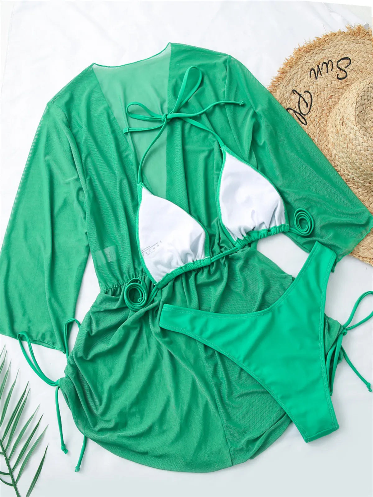 Sexy Long Sleeves Cover Up Bikini Set Women White Black Push Up Mesh Dress 3 Piece Swimsuit Bathing Suit Thong Swimwear 2026