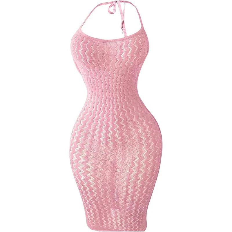 Fishnet Women Sexy Beach Cover Up Dress Women Stretch See Through Sleeveless without Bikini Swimsuit Coverup Mini Beachwea