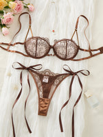 Coffee vintage lace lingerie set - Sexy net fabric embroidery 3/4 cup gathering bra with elasticized straps thong set