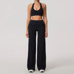 Hearuisavy Summer Yoga Set 2Pcs Women Breathable Backless Halter-Neck Sports Bra Push Up Pilates Fitness Top Straight Leg Pants