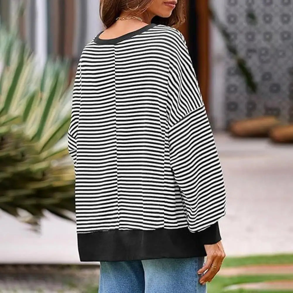 Long Sleeve Crewneck T-Shirt Split Hem Women Striped Oversized Sweatshirt Waffle Knitted Tunic Top Casual Women Sweater