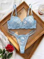 French Style Blue Lace Bra and Panties Set Women Sexy Eyelash Lace Underwear Transparent Mesh Two Piece Lingerie