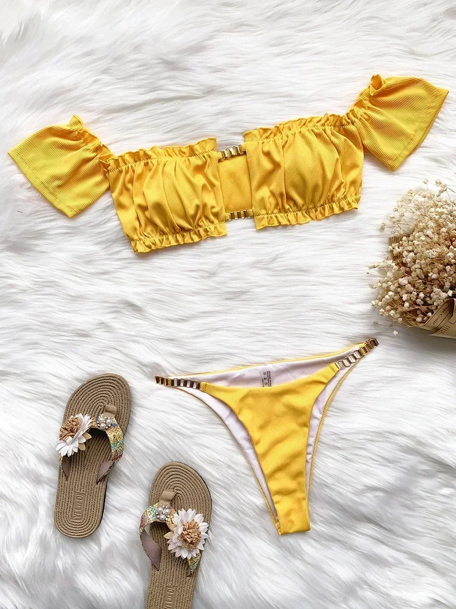Cherry Print Off Shoulder Bikini 2025 High Cut Swimsuit Women Female Brazilian Swimwear Two pieces Bikini set Bathing Suit Swim