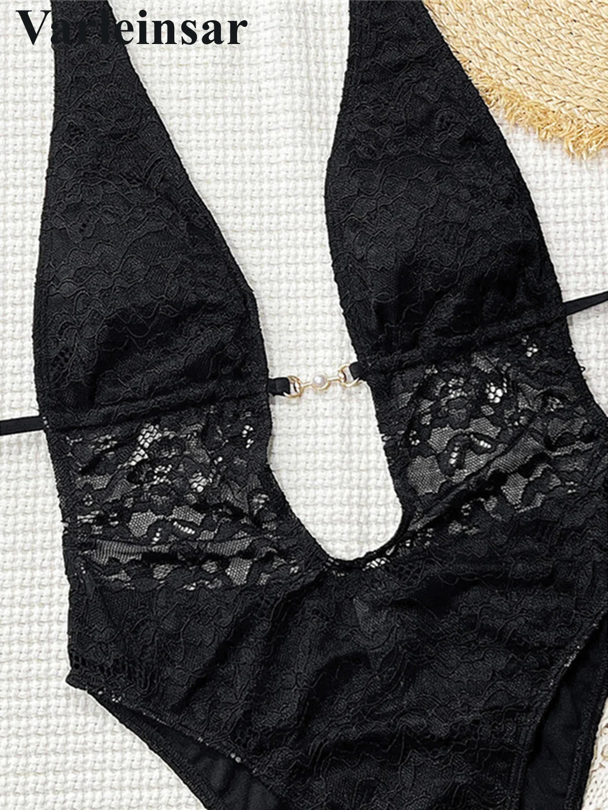 Lace Deep V Neck Halter Women Swimwear One Piece Swimsuit Female Monokini High Leg Cut Backless Bather Bathing Suit Swim V8264