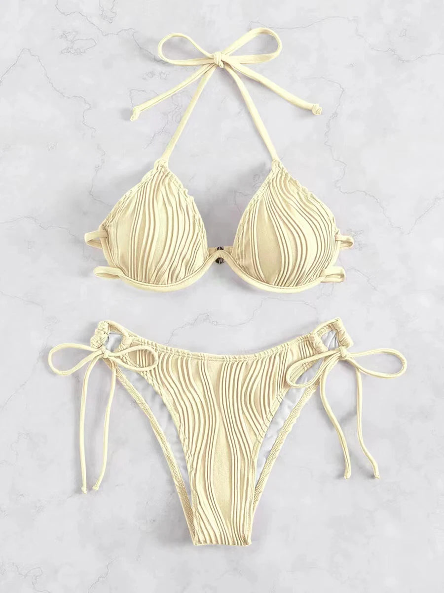 2026 Halter String Bikini Solid Push Up Swimsuit Women Sexy Swimwear Female Bathers Bathing Swimming Swim Suit Beachwear