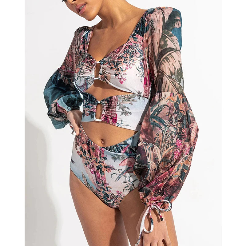 Long Sleeve Swimwear 2024 Surfing Bathing Suit Women Backless Print One Piece Swimsuit Retro Rashguard Monikini Bodysuit