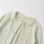 Women's Fashion Short Sleeve Round Neck Bow Lace Knit Solid Color Light Green Lace Trim Front Short Sleeve Knit Casual Top MDTM