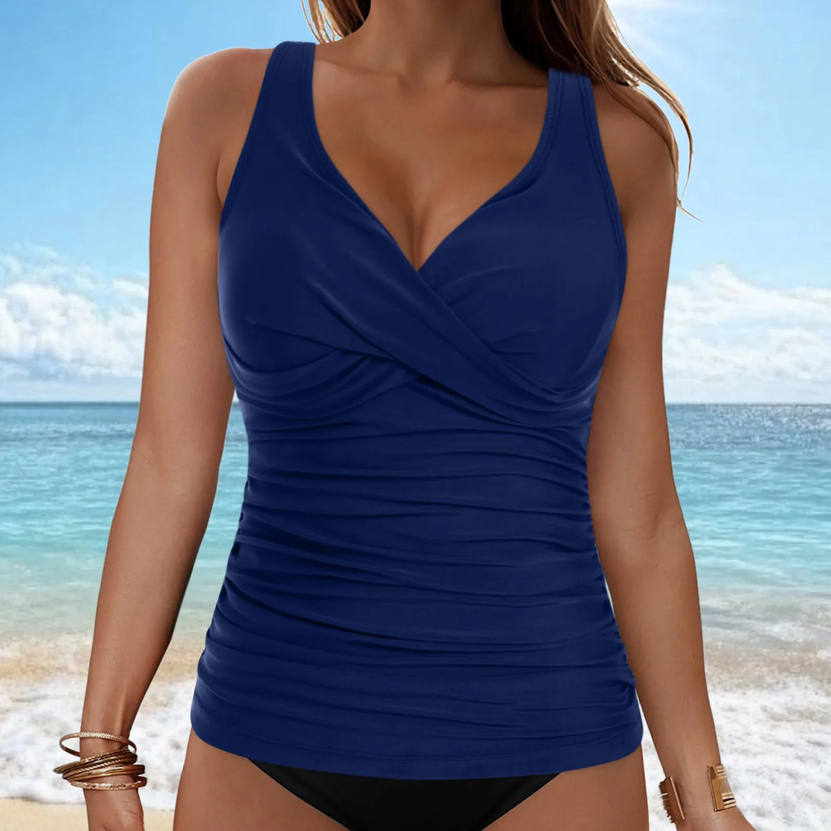 Women Bikini Tankini Top Front Knot Ruched Swimsuit V Neck Bathing Suit Swim Top Cross Back Swimwear Tops Summer Beach Wear