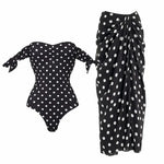 Black Dot Print One Piece Swimsuit Pleate Long Skirt Set 2026 Women Vintage Bandeau Ruffle Push Up Bathing Suit Holiday Swimwear