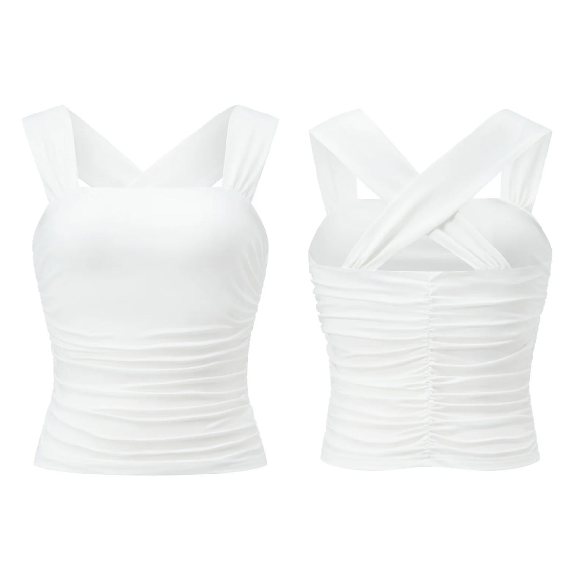 Women Square Neck White Tank Tops Ruched Design Sleeveless Solid Color Slim Fit Crop Tops Summer Vest Shirts