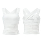 Women Square Neck White Tank Tops Ruched Design Sleeveless Solid Color Slim Fit Crop Tops Summer Vest Shirts