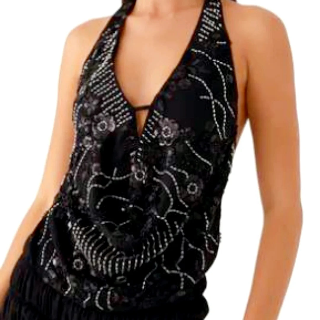 Women Flower Sequins Halter Vest Sleeveless Backless Deep V Neck Camisole Vintage Sexy Tank Top Streetwear