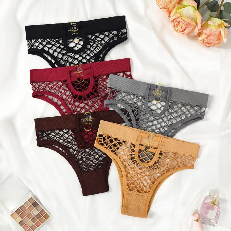 Hollow Mesh Sexy Women's Panties Solid Color Mid High Waist Fishnet Lingerie Ladies Hollow Out Transparent Elasticity Briefs