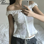 Phantasy Y2K Women Tops White Lace T-Shirt Button Tees Vintage French Style Tops 2025 Spring Summer Tops Female Streetwear
