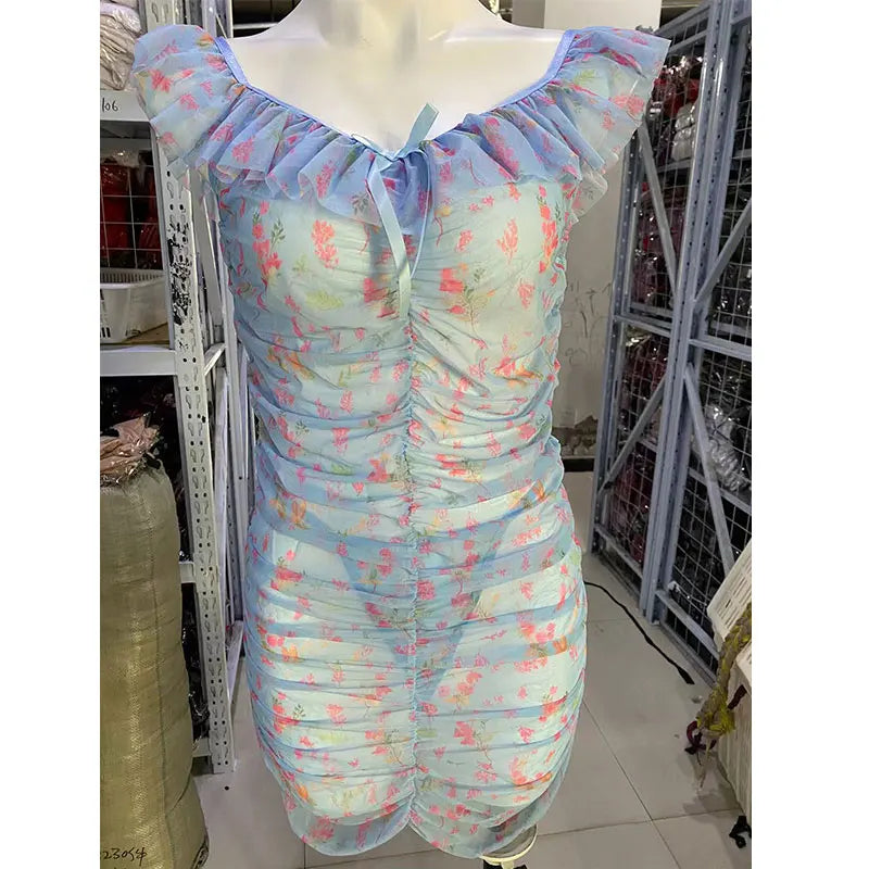 Lingerie Ultra Sexy Bra And Thong Set Ruffled Transparent Short Dress Sexy Floral Mesh Print Nightgowns Lingerie Erotic Pajamas