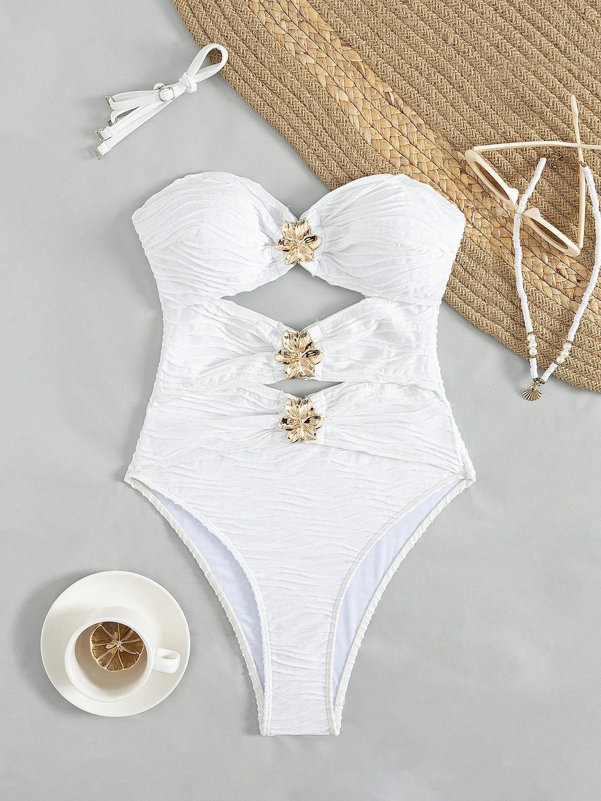 Sexy White Bandeau One Piece Swimsuit 2026 Women Metal 3D Flower Hollow Out Pleate Monokini summer Bathing Suit Holiday Swimwear