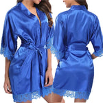 WomenElegant Lightweight Black Satin Robe with Delicate Lace Trim Perfect for Lounging Sleepwear or Bridesmaids