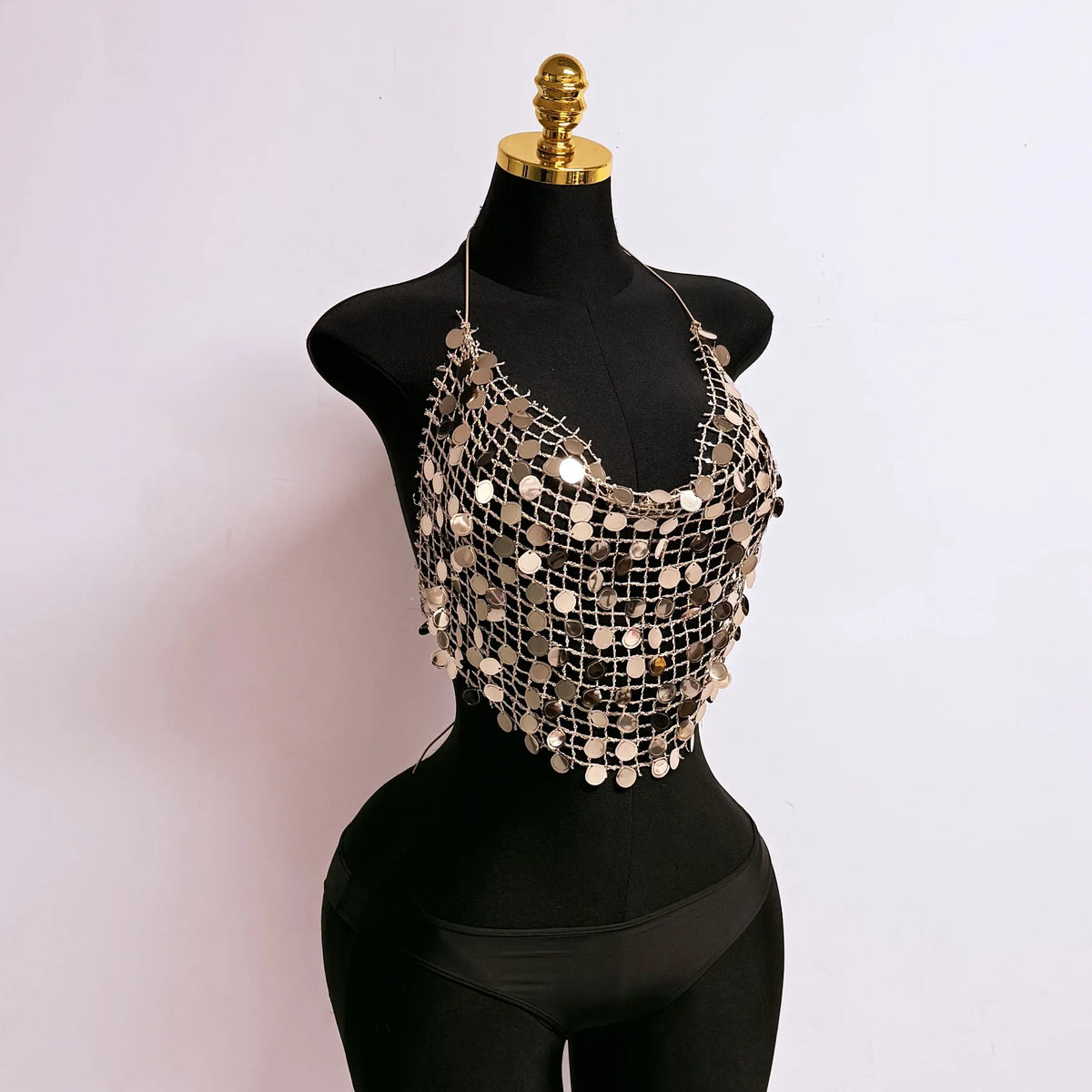 Women's Sequin Halter Tops Fashionable Sleeveless V Neck Open Back Crop Vest for Dance Disco Club Daily Wear
