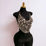 Women's Sequin Halter Tops Fashionable Sleeveless V Neck Open Back Crop Vest for Dance Disco Club Daily Wear
