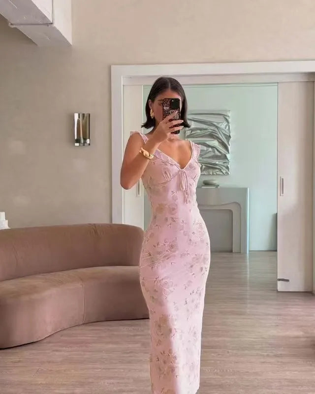 Sexy Elegant Flower Print Slim Long Dresses Women V-neck Low Cut Leace-up Backless Package Hip Bodycon Sleeveless Dress Female
