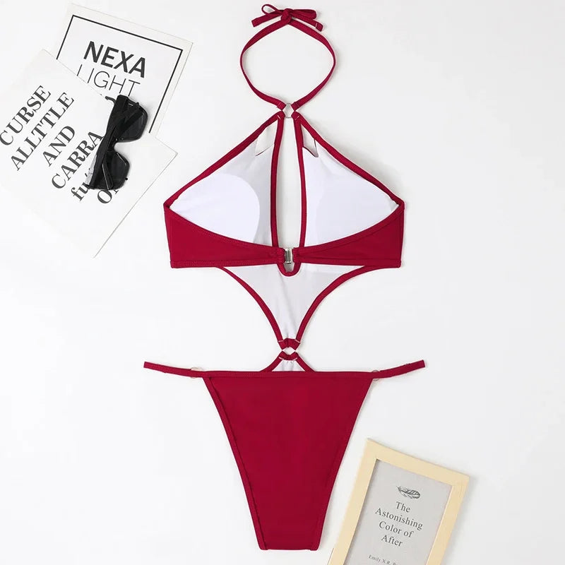 Solid Color One Piece Swimsuit Women 2026 Sexy Hollow Out Pearl Chain Bikini Halter Backless Thong Swimwear Beach Bathing Suit
