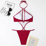Solid Color One Piece Swimsuit Women 2026 Sexy Hollow Out Pearl Chain Bikini Halter Backless Thong Swimwear Beach Bathing Suit