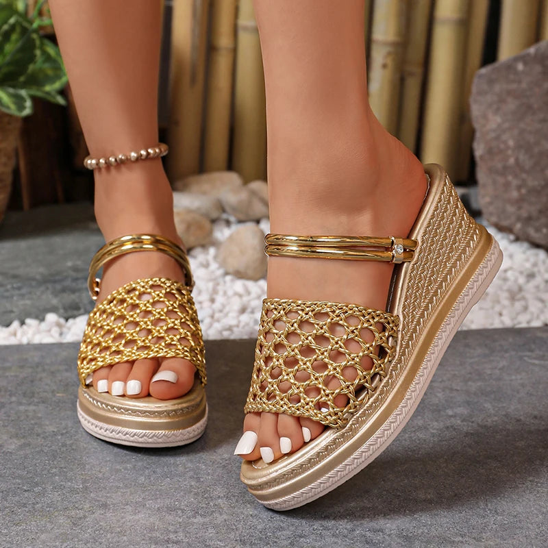 Hollow Out Gold Wedge Heels Sandals Women Plus Size 43 Chunky Platform Slippers Woman Summer Slip On Weave Thick Sole Sandles
