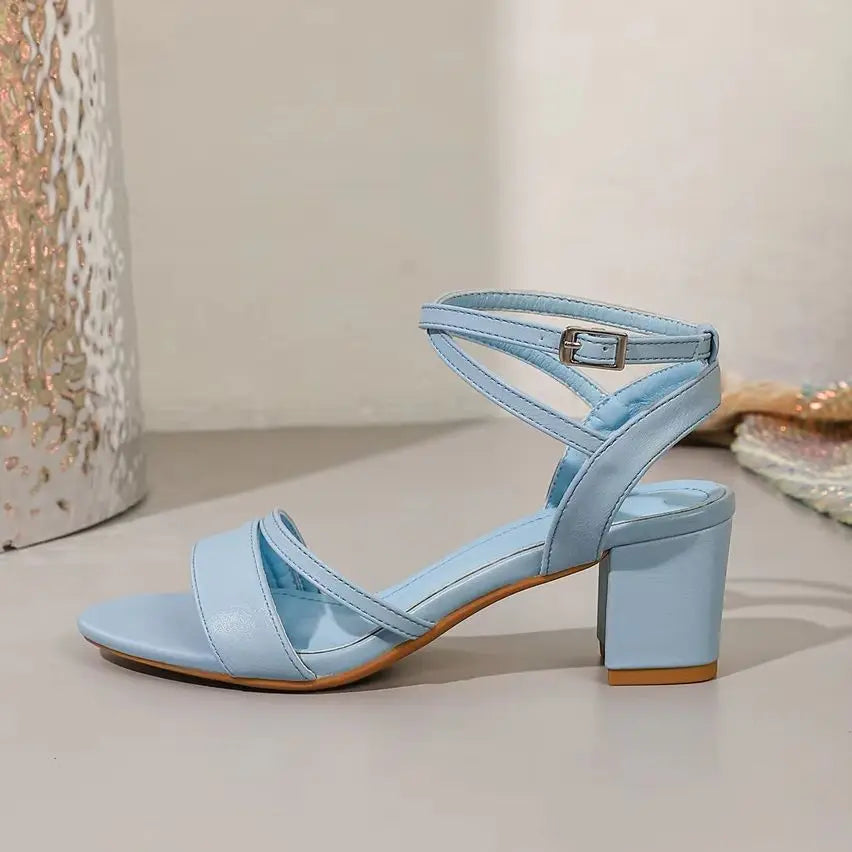 Big Size 42 Classic Blue Ankle Strap Sandals for Women Elegant Summer Block Heels Office Lady Daily Wear Shoes