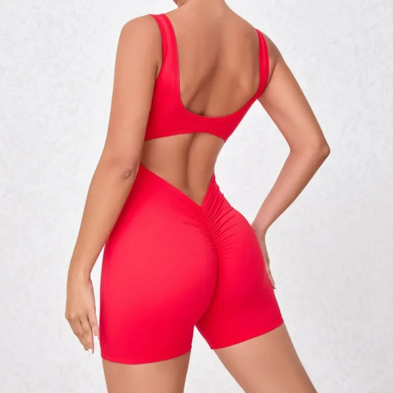 Women's Seamless Yoga Jumpsuit - Quick-Dry Nude Workout Suit with V-Neck & Sexy Back, Tight Fitness Wear for Running Gym Workout