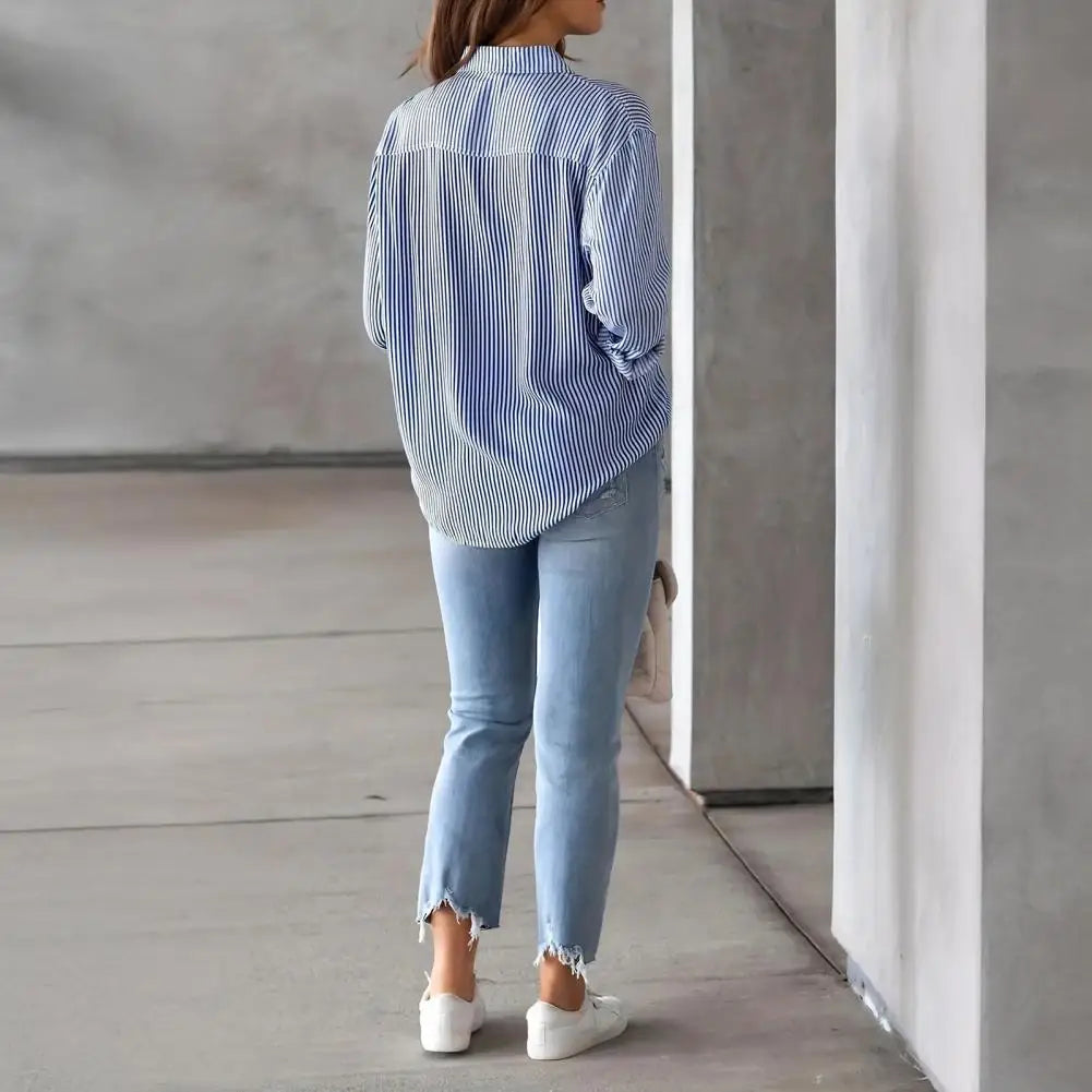 Women Shirt Lapel Long Sleeve Women's Shirts Single Breasted Shirt Tops with Patch Pocket Office Tops