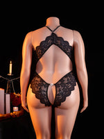 Erotic Hot women Plus Size Lace Halter Teddy Bodysuit Crotchless Criss-Cross Back Deep V Neck Open Crotch sexy Lingerie 1XL-4XL