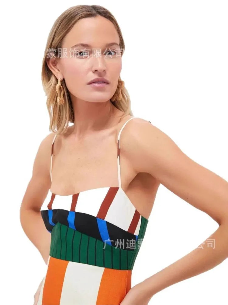 Elegant High Waist 2025 Party Long Dress Fashion Casual New Striped Colorful Women Sexy Spaghetti Strap Bohemian Mixi Dresses