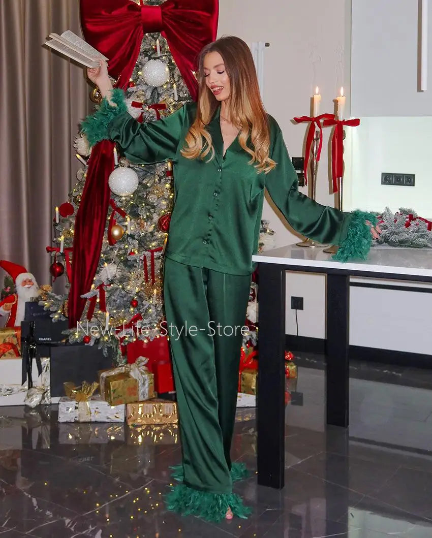 Women Luxury Satin 2Pcs Pajama Set Feather Patchwork Lapel Top Long Pants European Style Homewear Elegant Sleepwear Loungewear