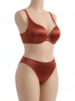 Plus Size Satin Lingerie Set Women Burnt Copper Unlined Underwire Bra and Panty Set Sexy Shiny Vacation Intimates set MR3610