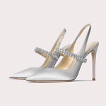 Size 34 45 Women's Diamond Bao Head Sandals 2025 New Thin Heel Pointed Sheepskin Leather High Heels Women's Wedding Shoes