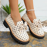 Women Polka‑Dot Bow Platform Loafers Round‑Toe Slip‑On Lug‑Sole PU Leather Contrast Stitching Vintage Casual Daily Shoes