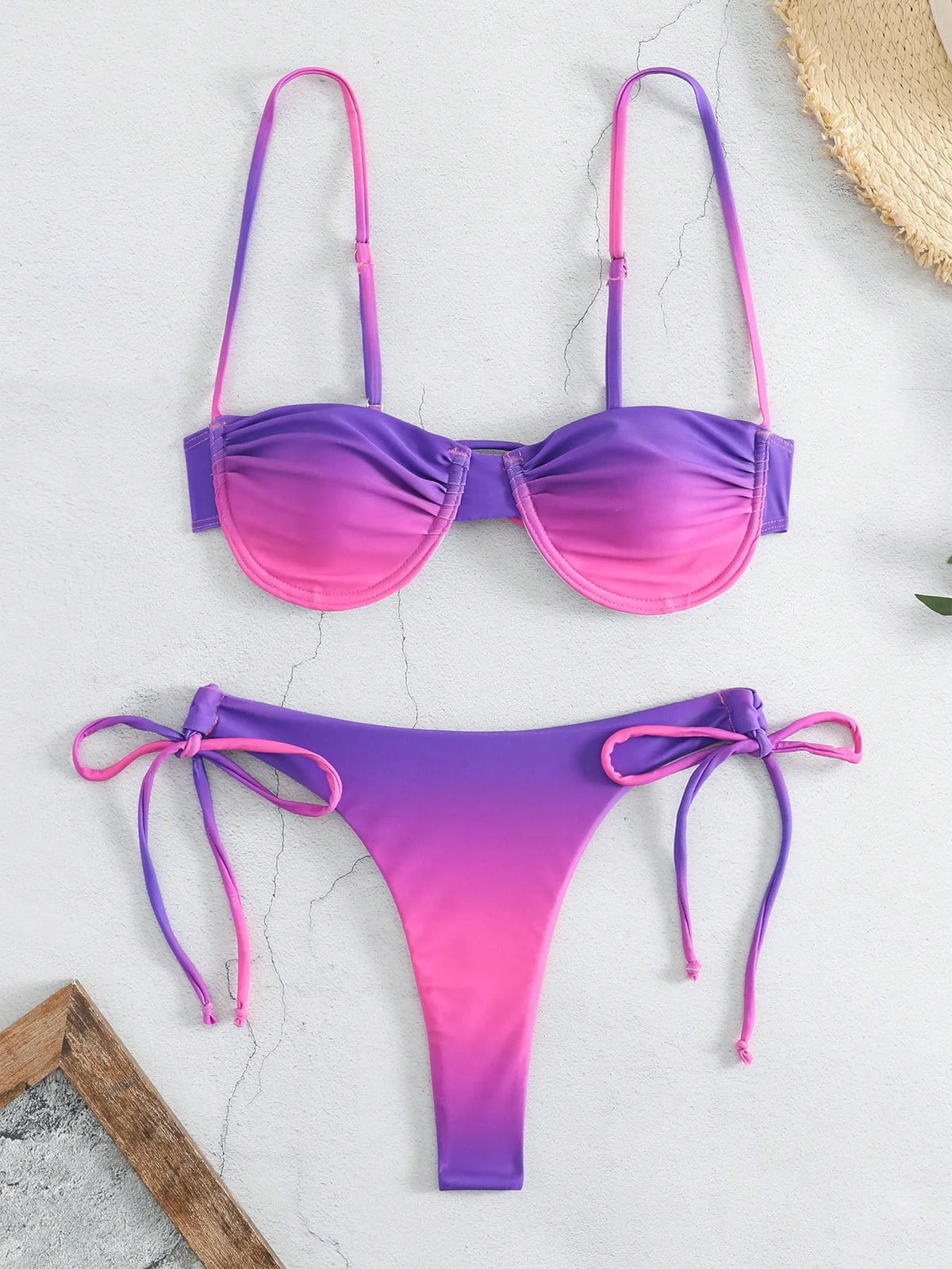 Sexy Tie Dye Print Push Up Bikinis Sets Two Pieces Side Tie Swimsuit Thong Swimwear Biquini Conjunto De Bikini Tankini Beachwear