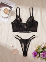 Women Black Mesh Lingerie Set Floral Embroidery Fishbone Bustier Top&Thong 2 Pcs Underwear Sexy Intimate Female Push Up Bra Set