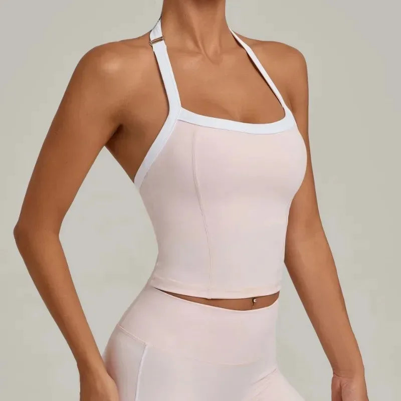 Women's Seamless Yoga Tank Top - Adjustable HALTER Neck & Quick-Dry Fitness Shirt Color Block Running Sports Gym Workout Top