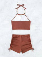 Sexy Ring Linked Pleate Bikini Set Women Brown Cut Out Push Up Two Piece Swimsuit 2024 Bathing Suit High Waist Panties Swimwear