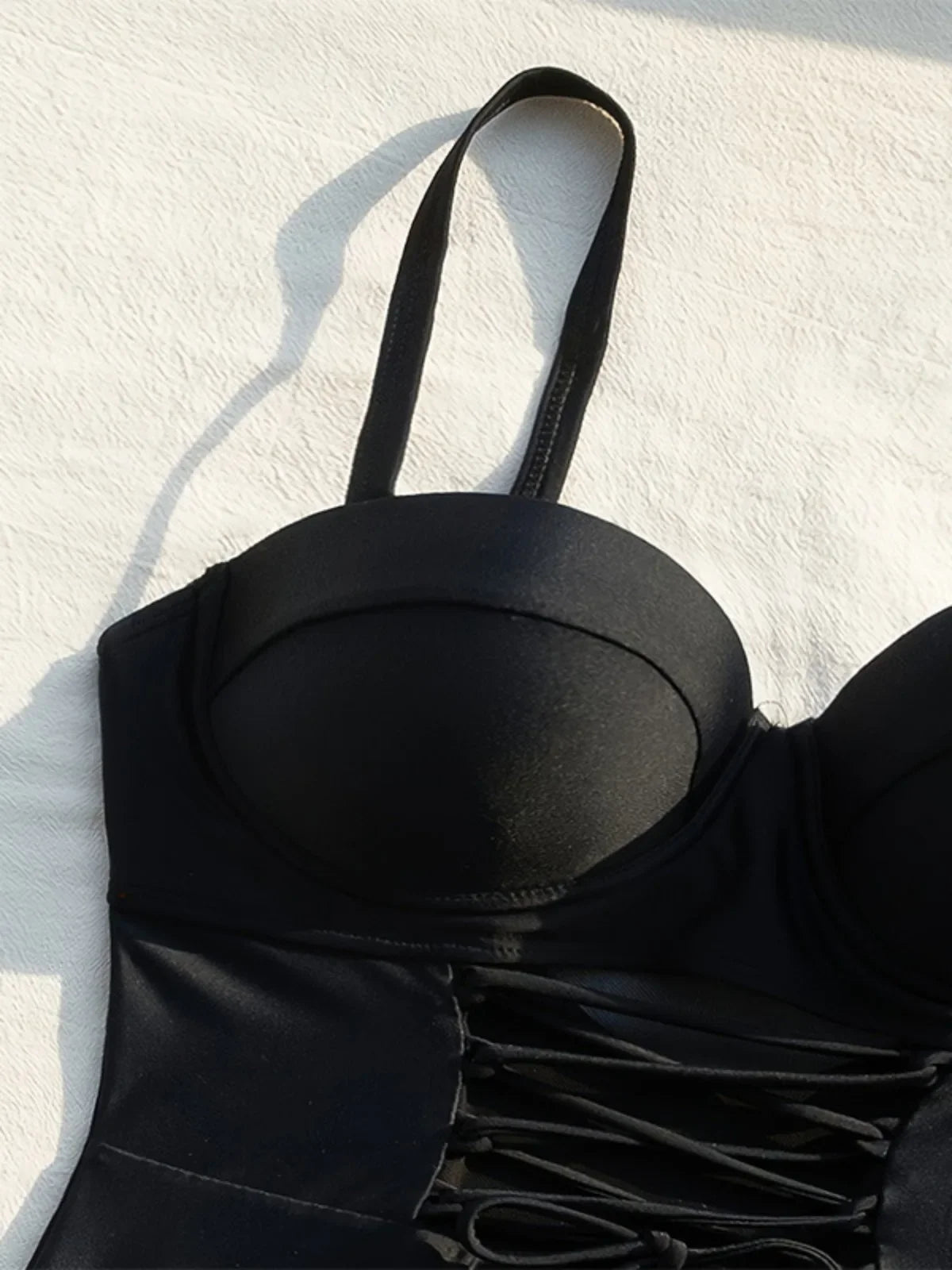 Solid Color Black One Piece Swimsuit for Women Sexy High Waist Bandage Hollow Out Monokini Bikini Underwire Push Up Swimwear