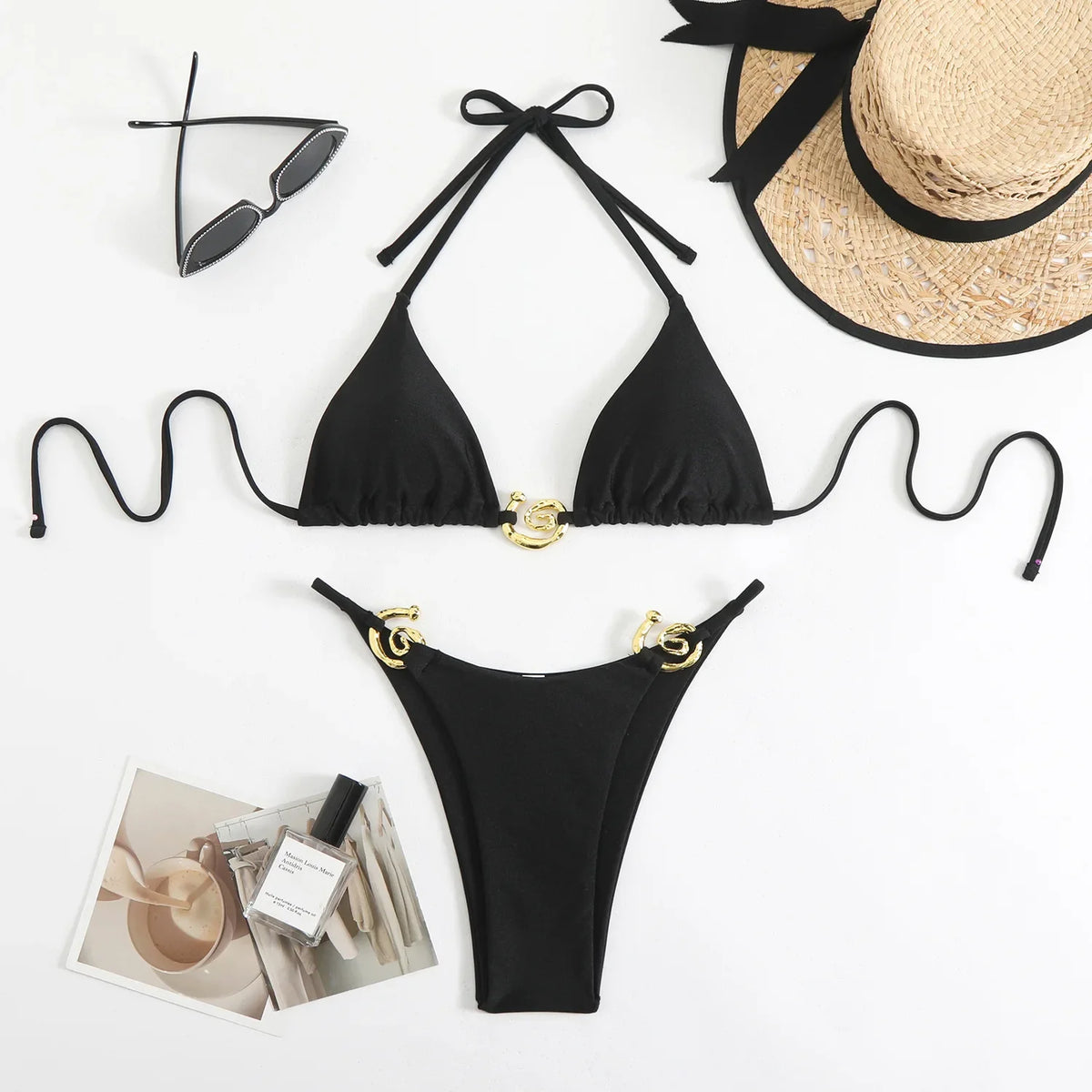 Sexy Black Bikini Set Women Green Metal Ring Designer Push Up Swimwear 2025 Brazilian Beach Bathing Suit Thong Swimsuit Biquini