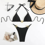 Sexy Black Bikini Set Women Green Metal Ring Designer Push Up Swimwear 2025 Brazilian Beach Bathing Suit Thong Swimsuit Biquini
