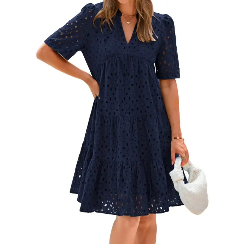 Casual Short Sleeve V-neck Midi Dress Women's Hollow Out Eyelet Dress Summer Beach Tiered Flowy A-line Sundress
