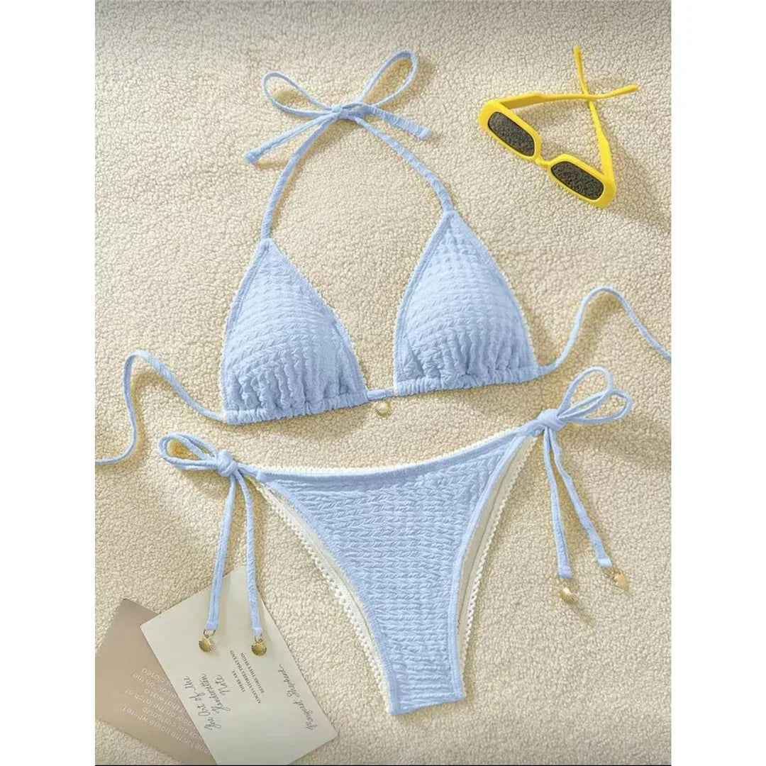 High Cut Leg Two-Pieces Bikini Set Bather Bathing Suit Swim Wrinkled Crinkled Halter Bikini Women Swimwear Female Swimsuit M125