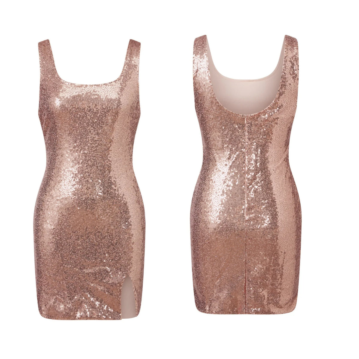 Women Sparkle Sequined Tank Dress Sleeveless U Neck Slim Fit Sexy Slit Mini Dress for Club Party Evening Summer