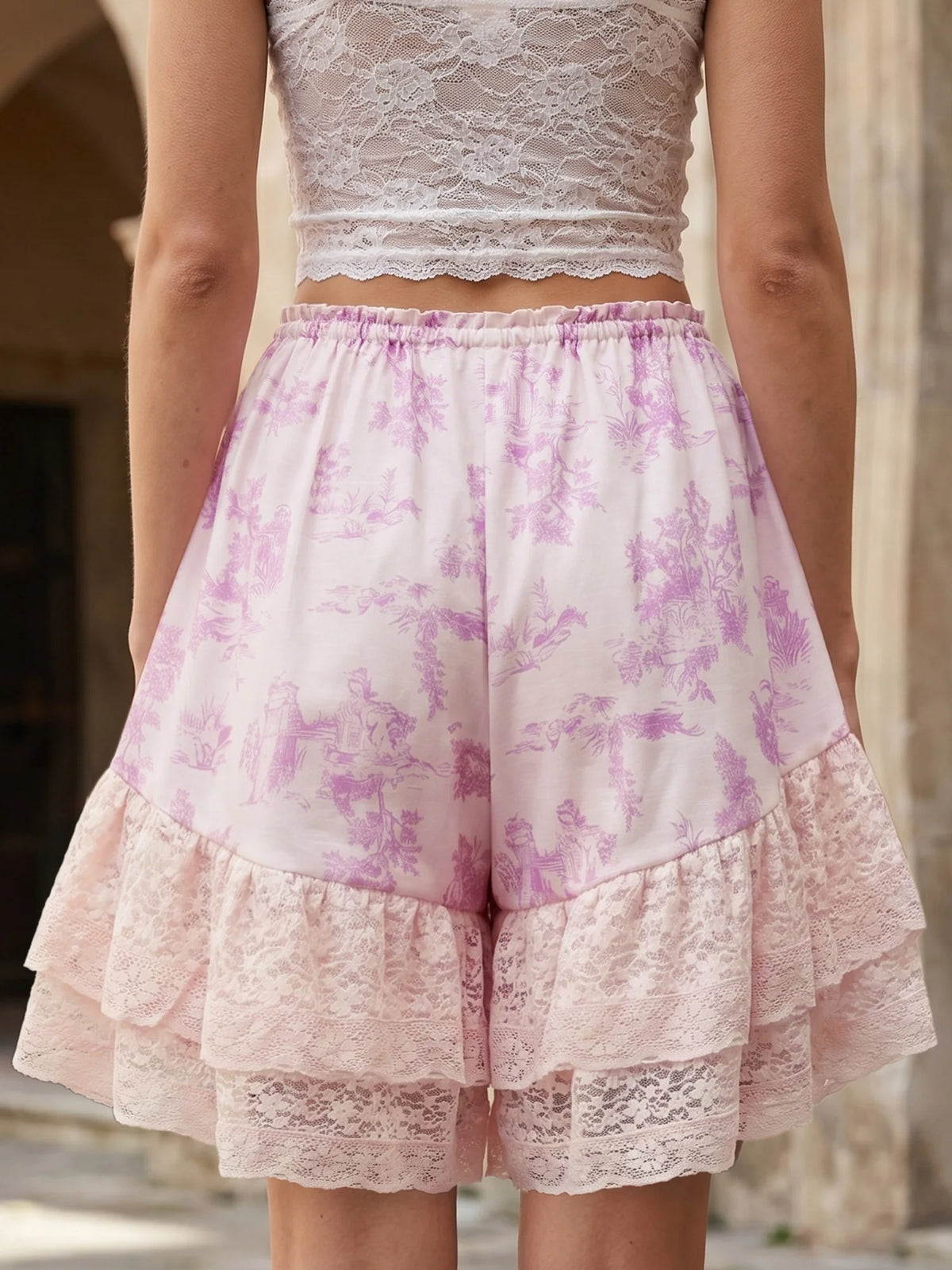 Women's Summer Bloomer Shorts Knee Length Floral Print Drawstring Elastic Waist Lace Trim Patchwork Casual Coquette Shorts