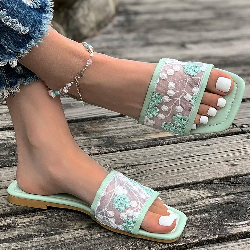 Retro Embroider Low Heel Slippers Women Summer Square Toe Slip On Slides Woman New Anti-Slip Beach Pu Leather Slippers Mujer