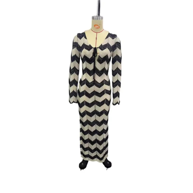 Knitted Dress Leace-up Vestido Dresses 2025 Woman Beach Hollow Out Slim Vacation Beachwear Temperament Long Sleeves Holiday Sexy