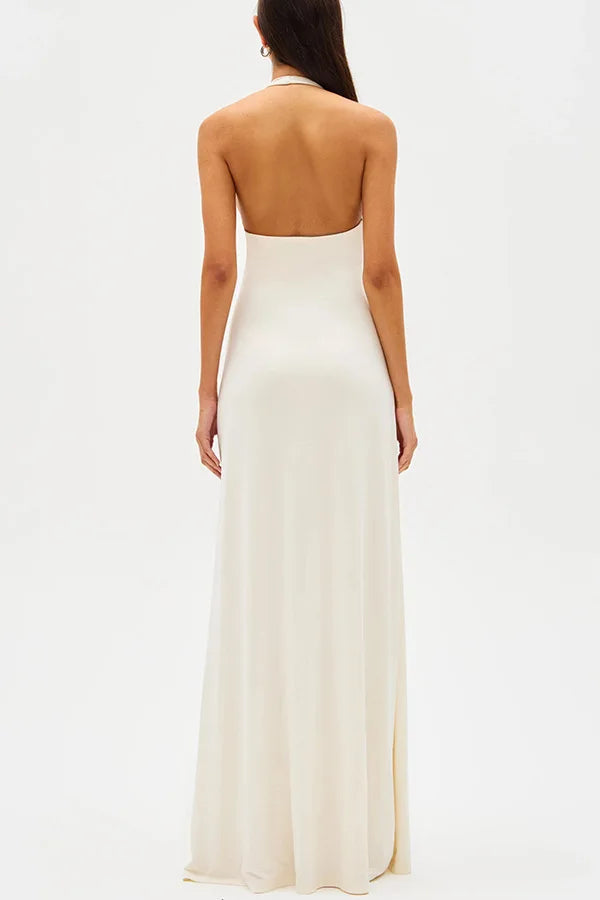 Sexy Deep V Halter Neck Long Dress Women Elegant Bandage Patchwork Luxury Evening Dresses Solid Color Hot Girls Party Vestidos